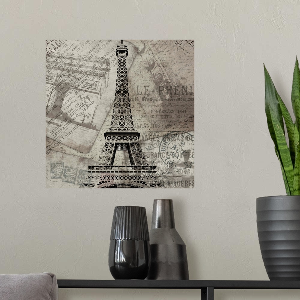 A modern room featuring Contemporary artwork of the Eiffel Tower against travel and postage documentation in black and wh...