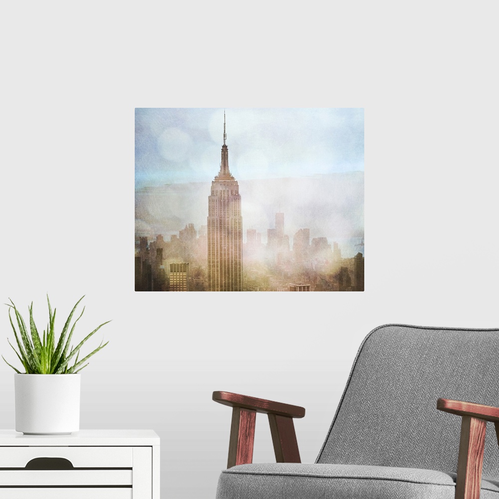 A modern room featuring Fine art photo of the Empire State Building in New York City rising above the city skyline.