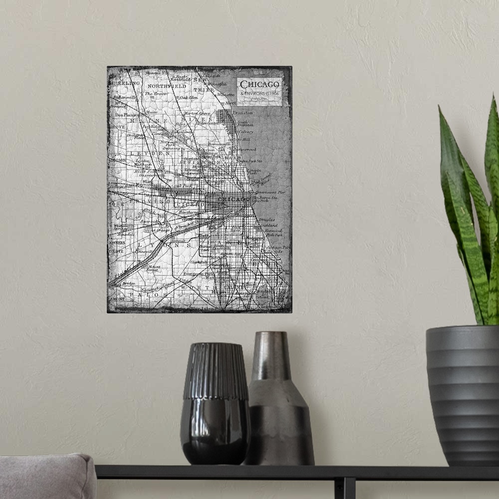 A modern room featuring Rustic contemporary art map of Chicago districts, in black and white.