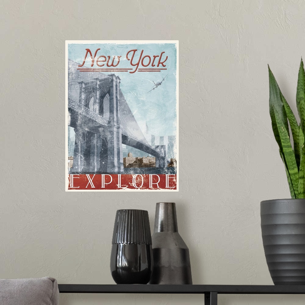 A modern room featuring Home decor artwork of a travel poster for New York city in a vintage style.