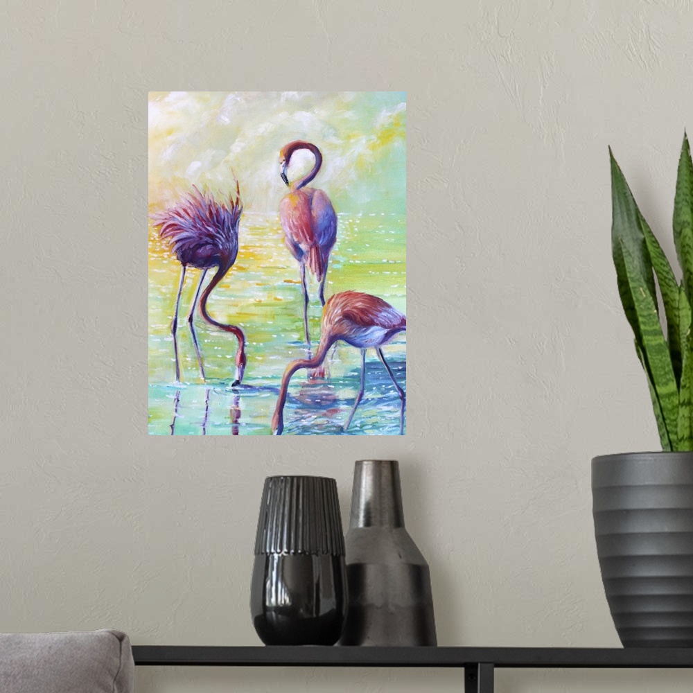 A modern room featuring Contemporary colorful painting of vibrant pink flamingo standing in still shallow water.