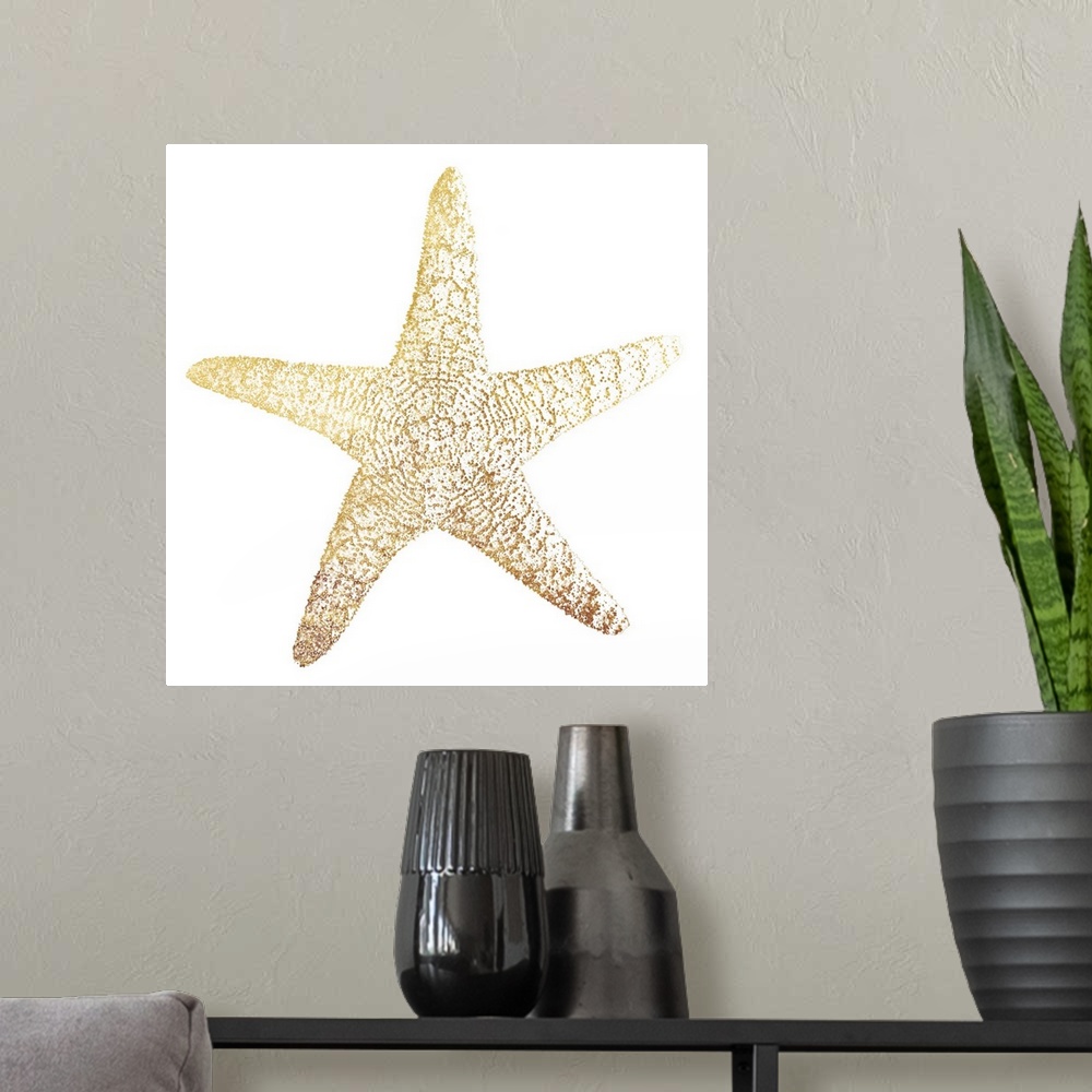 A modern room featuring A gold foil starfish design on a white background.