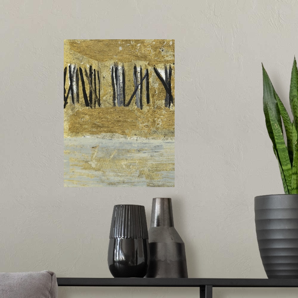 A modern room featuring Abstract painting using textured gold and dark bold lines in a fence formation.