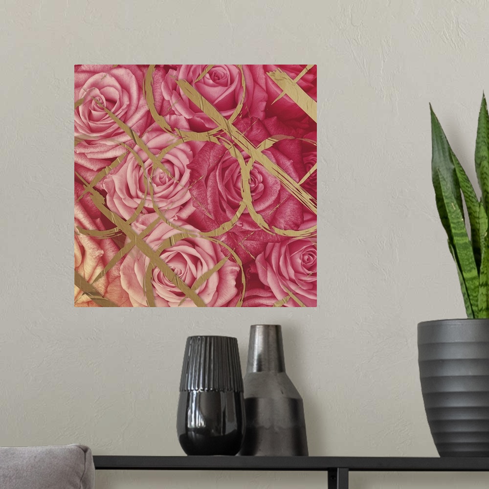 A modern room featuring A photograph of pink roses with a gold design overlay.