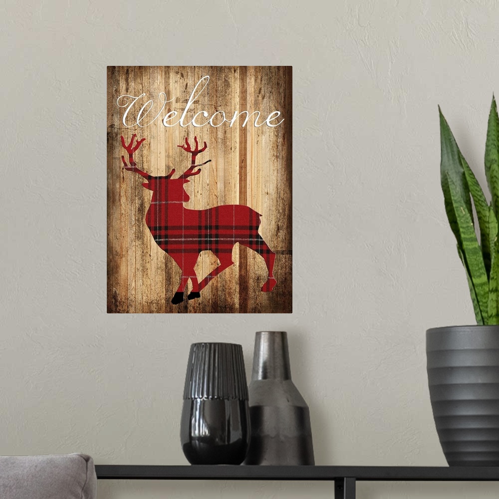 A modern room featuring Silhouette of a deer in red plaid on a wooden board background.