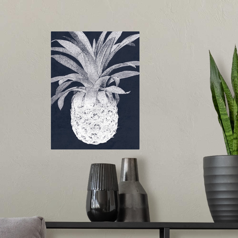 A modern room featuring A painting of a white pineapple on an indigo background.
