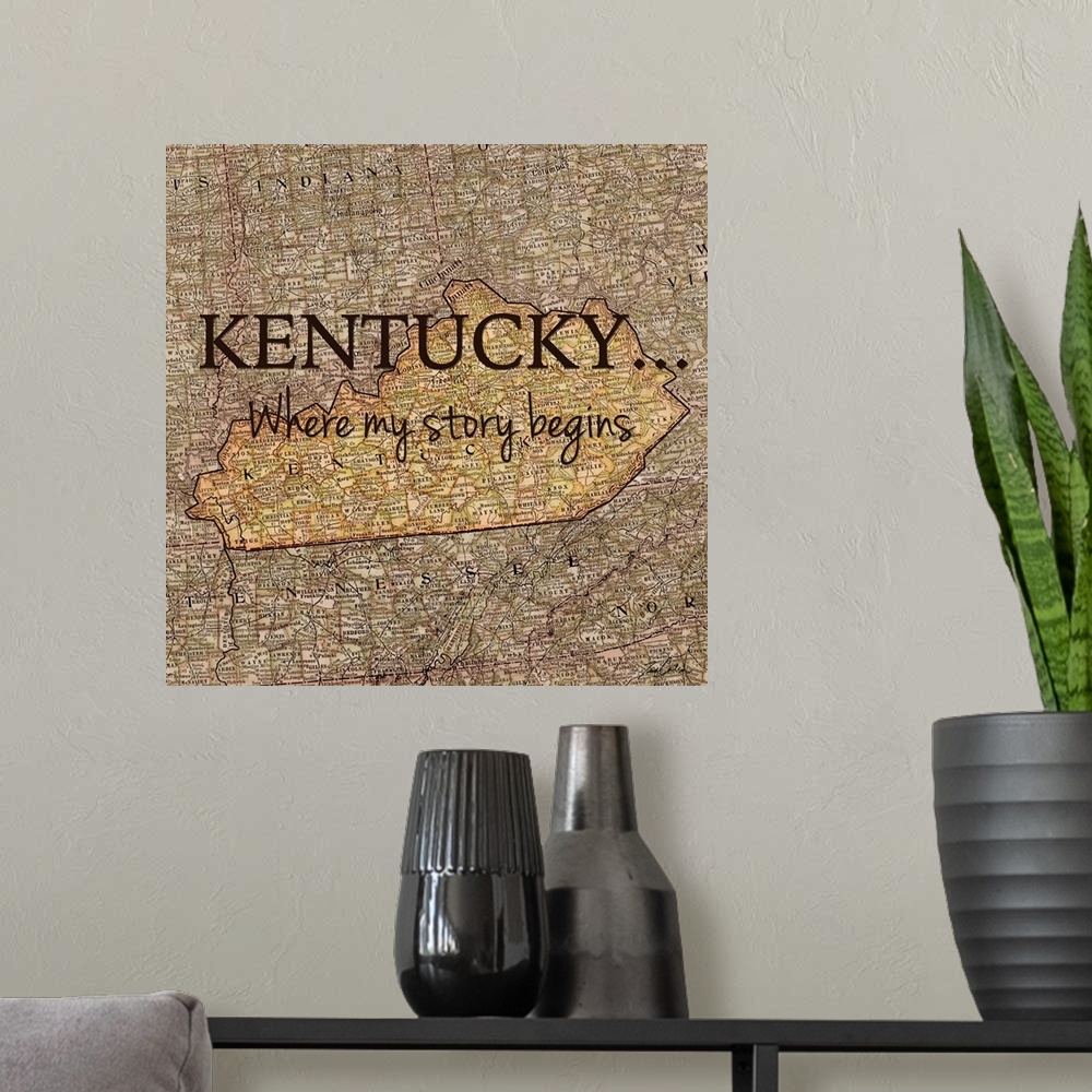 A modern room featuring Black text over a map of the state of Kentucky.