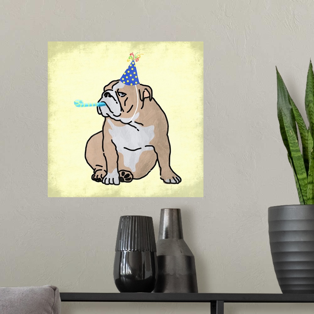 A modern room featuring A painting of a dog wearing a party hat and using a noise maker.