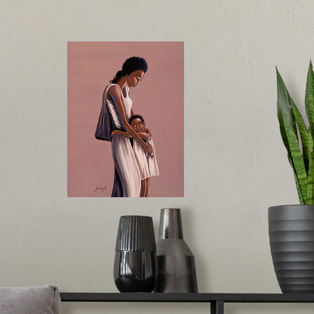 A modern room featuring Contemporary African painting of a mother holding her child close.