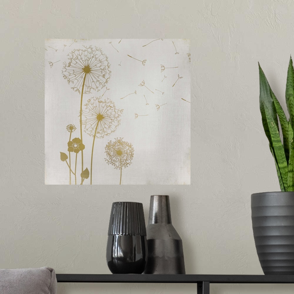 A modern room featuring Gold dandelions and a flower on a faint lined textured background.