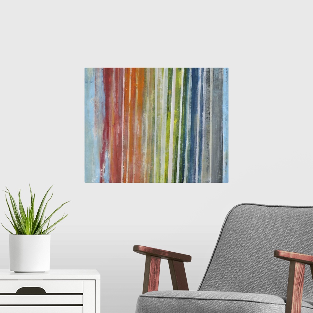 A modern room featuring Contemporary abstract artwork of vertical lines in a rainbow gradient.
