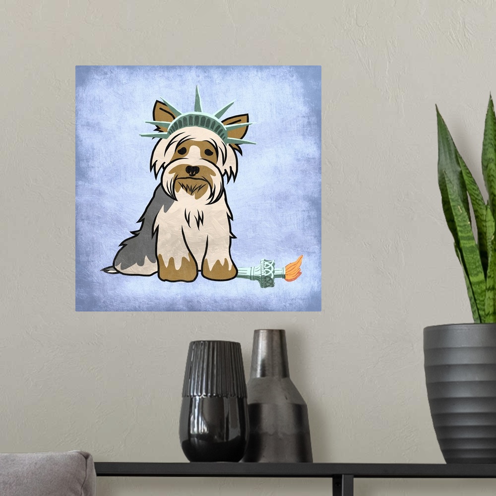 A modern room featuring A painting of a yorkie dressed up like the Statue of Liberty.