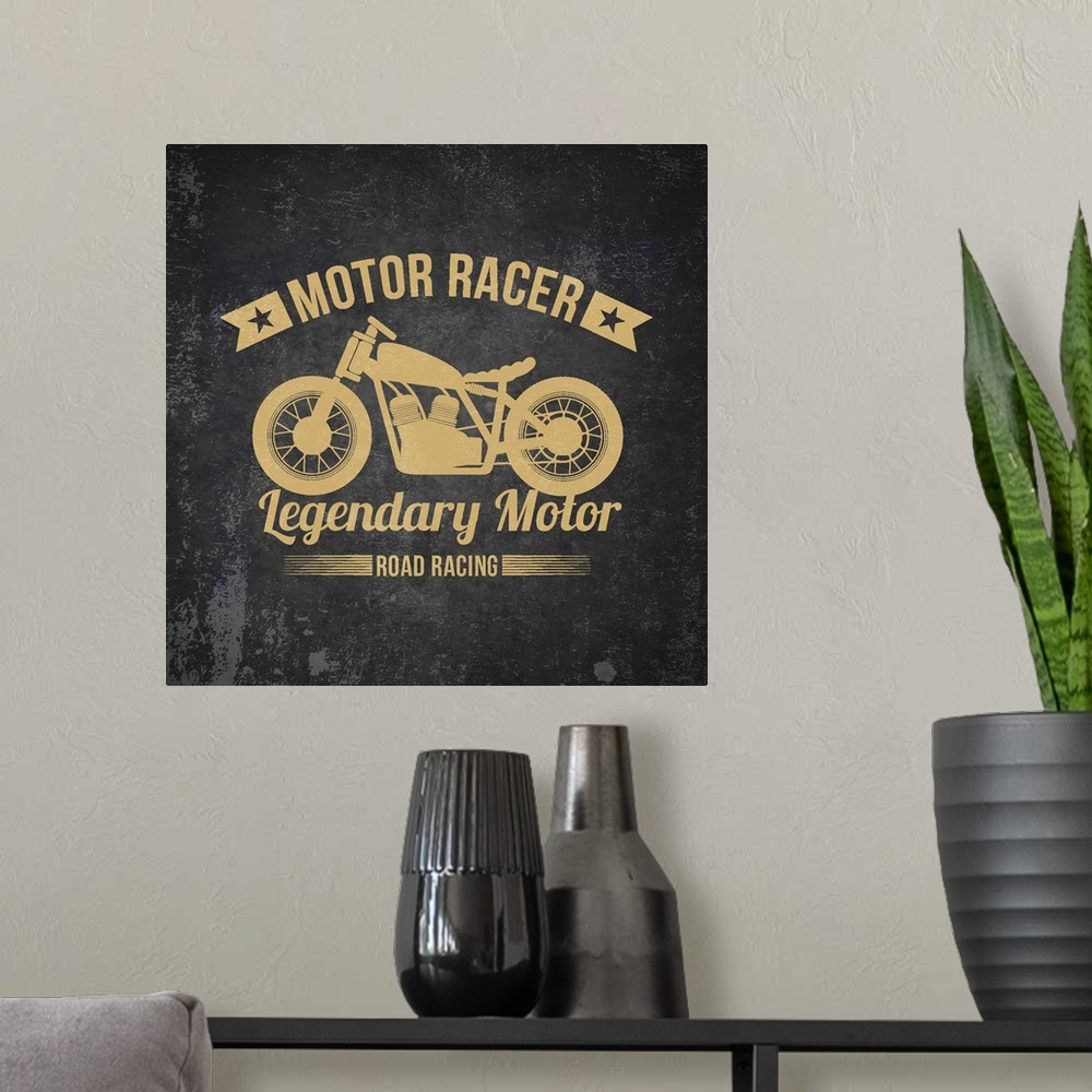 A modern room featuring Gold and black garage sign with a motorcycle design.