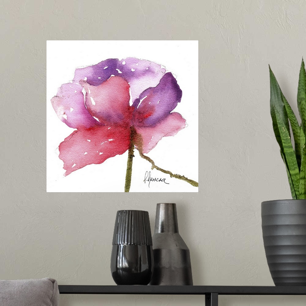 A modern room featuring Contemporary watercolor painting of a vibrant pink flower against a white background.