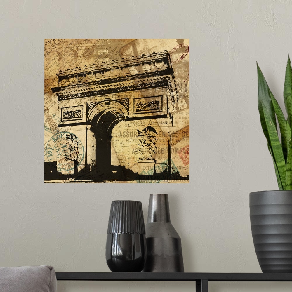 A modern room featuring Contemporary artwork of the Arc de Triomphe against travel and postage documentation in sepia tone.