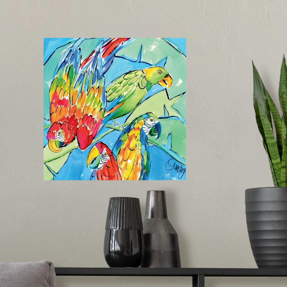 A modern room featuring Contemporary artwork of three brightly colored macaw parrots. Surrounded by large lush tropical l...