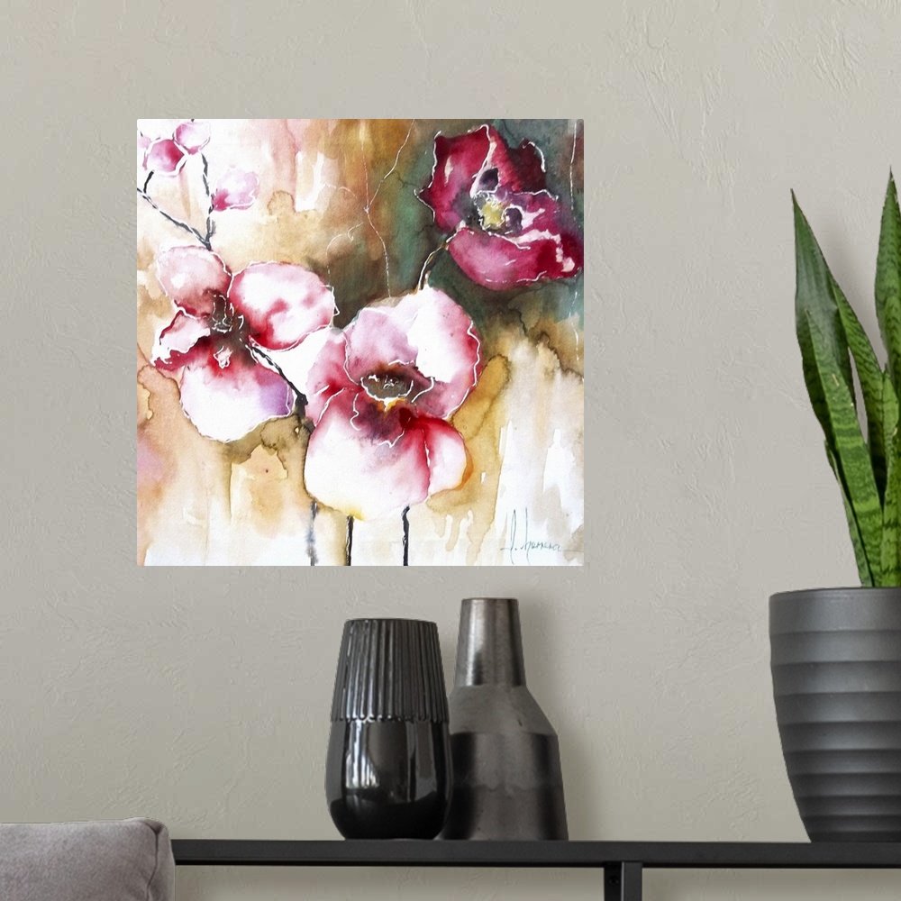A modern room featuring Contemporary painting of several bright pink orchid flowers.