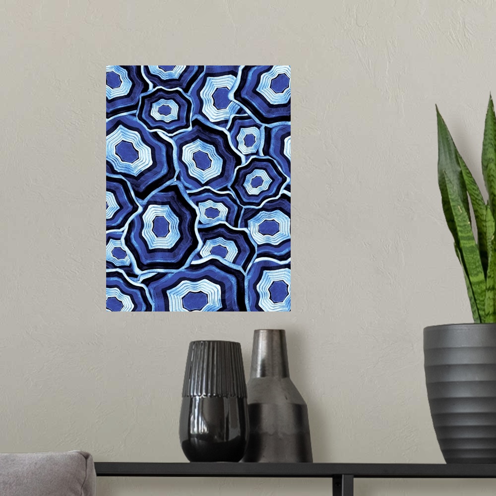 A modern room featuring Several deep blue agate cross sections overlapping.