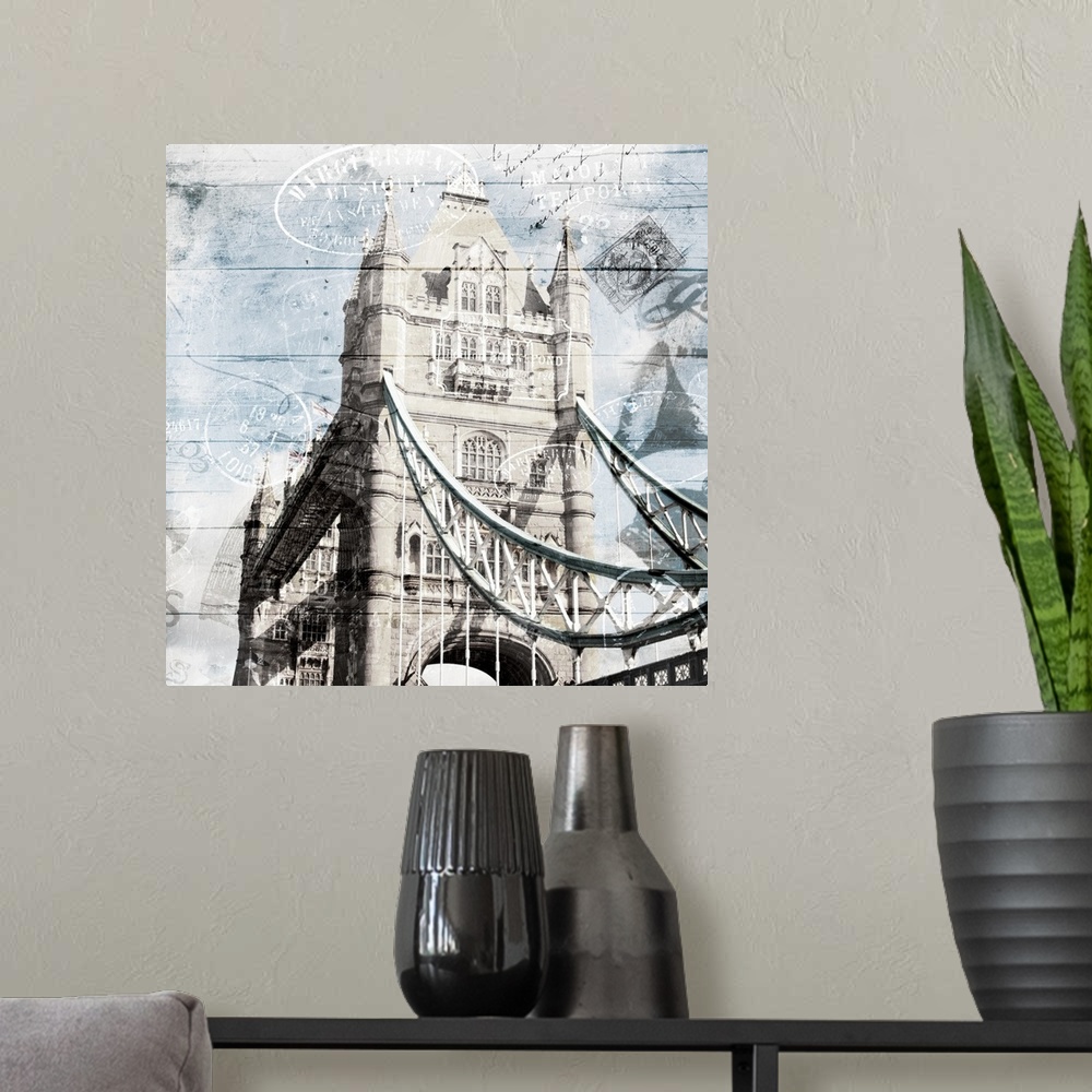 A modern room featuring Square photograph of part of Tower Bridge in London, England with a faint wood panel and postage ...