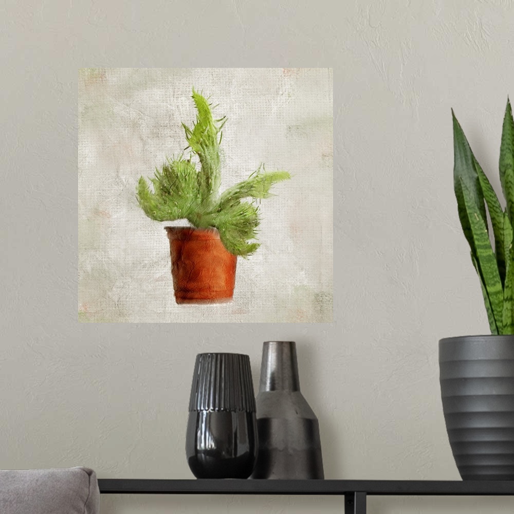 A modern room featuring A textured painting of a potted cactus.
