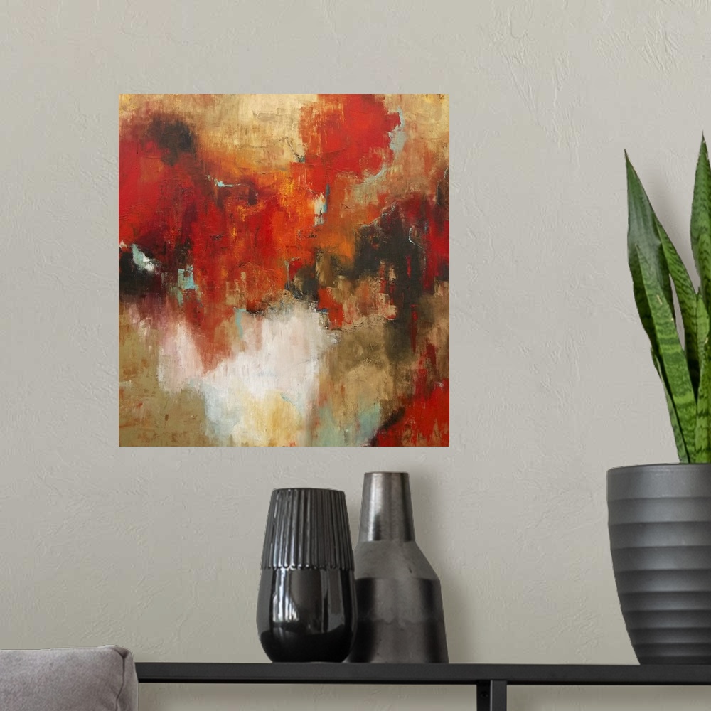 A modern room featuring Contemporary abstract painting using rich earth tones in brown and red.
