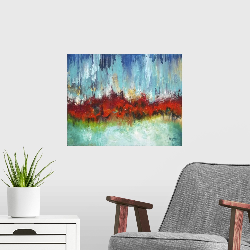 A modern room featuring Brightly colored contemporary abstract painting with heavy texture.