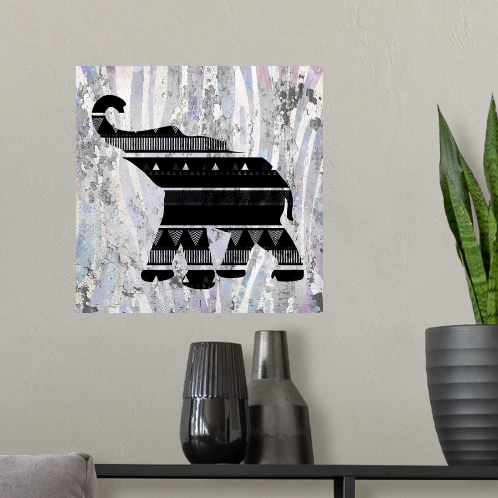 A modern room featuring A black designed silhouette of an elephant on a colorful textured background.