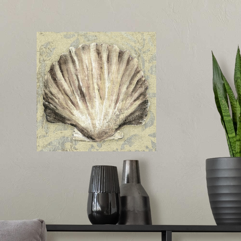 A modern room featuring Artwork of a beige scallop shell against a cream colored background.