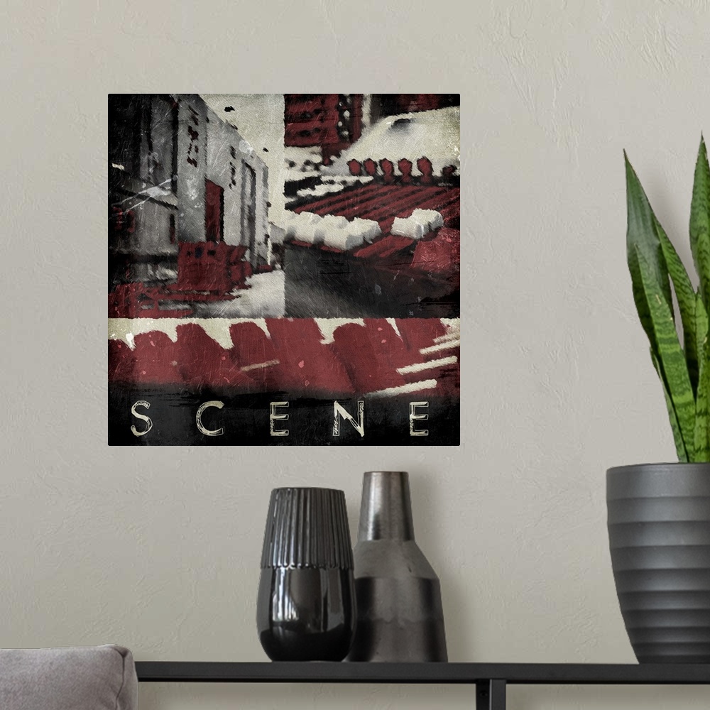 A modern room featuring A vintage square theater art piece with the word ?Scene? at painted the bottom.�