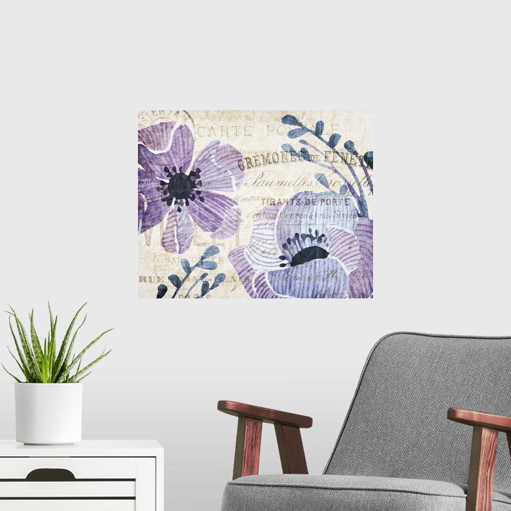 A modern room featuring Purple and indigo illustrated flowers on a sepia toned background with an overlay of French text ...