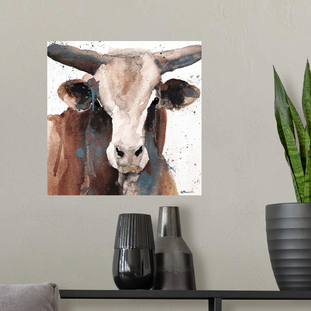 A modern room featuring Contemporary painting of a bull against a white background with teal paint splatter in the foregr...