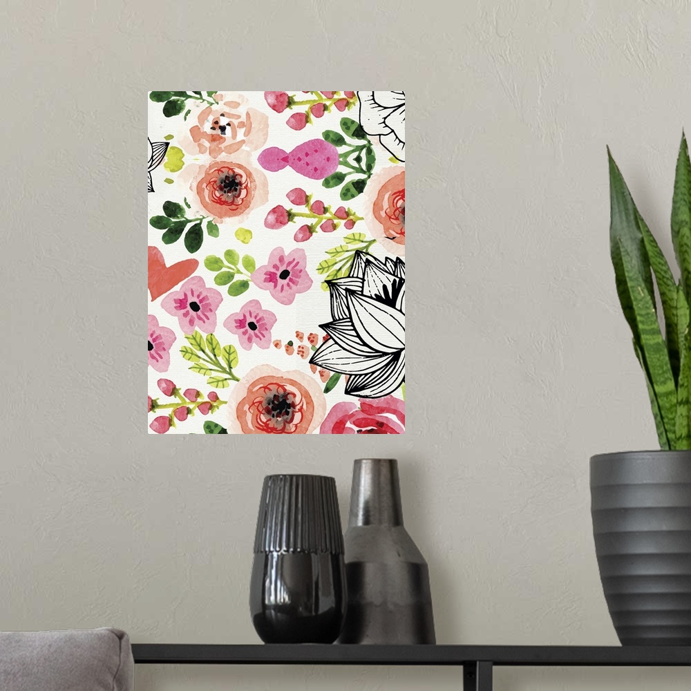 A modern room featuring Assortment of flowers in watercolor and ink in shades of pink with green leaves.