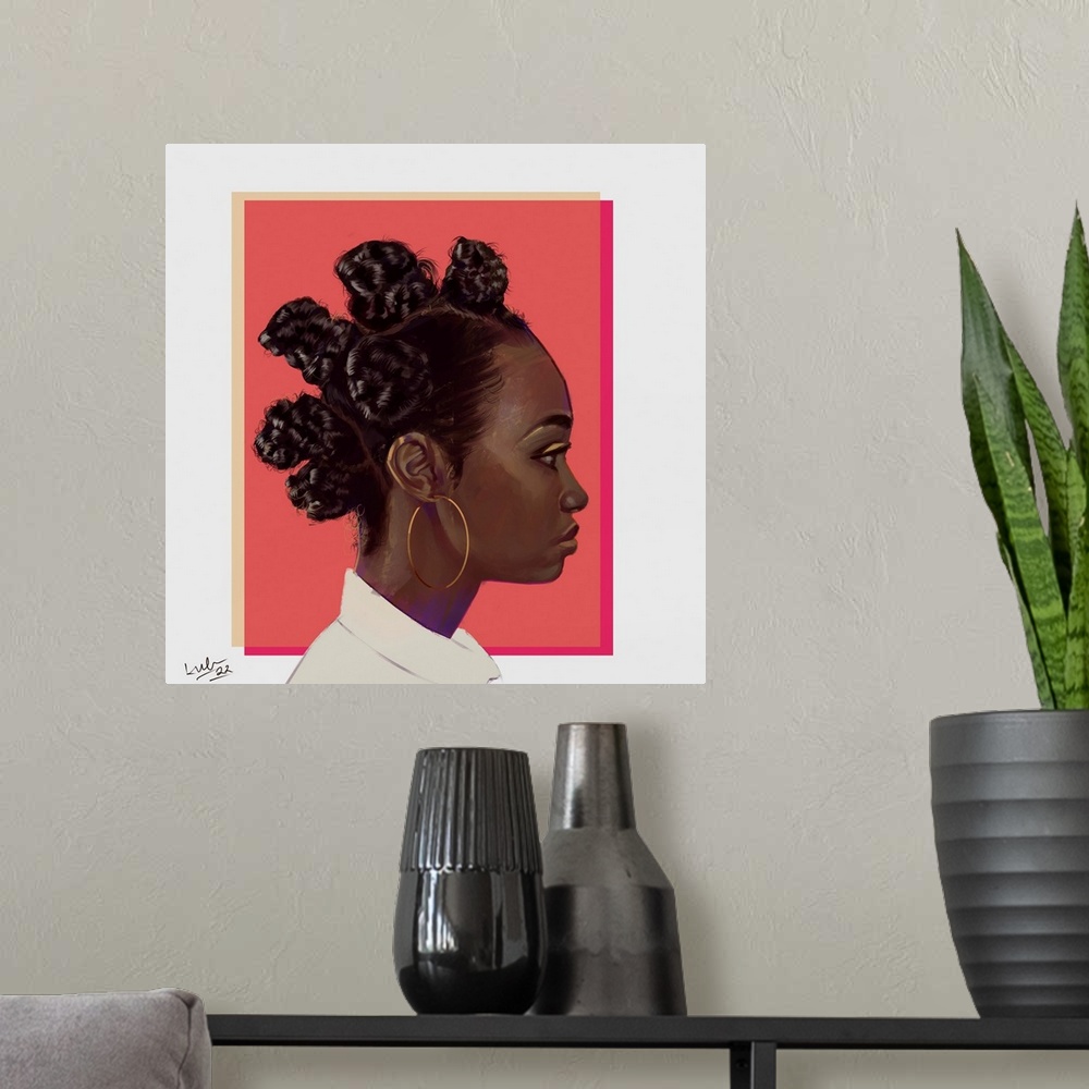 A modern room featuring A high impact contemporary portrait of a young Black woman with knotted hair and large gold hoop ...