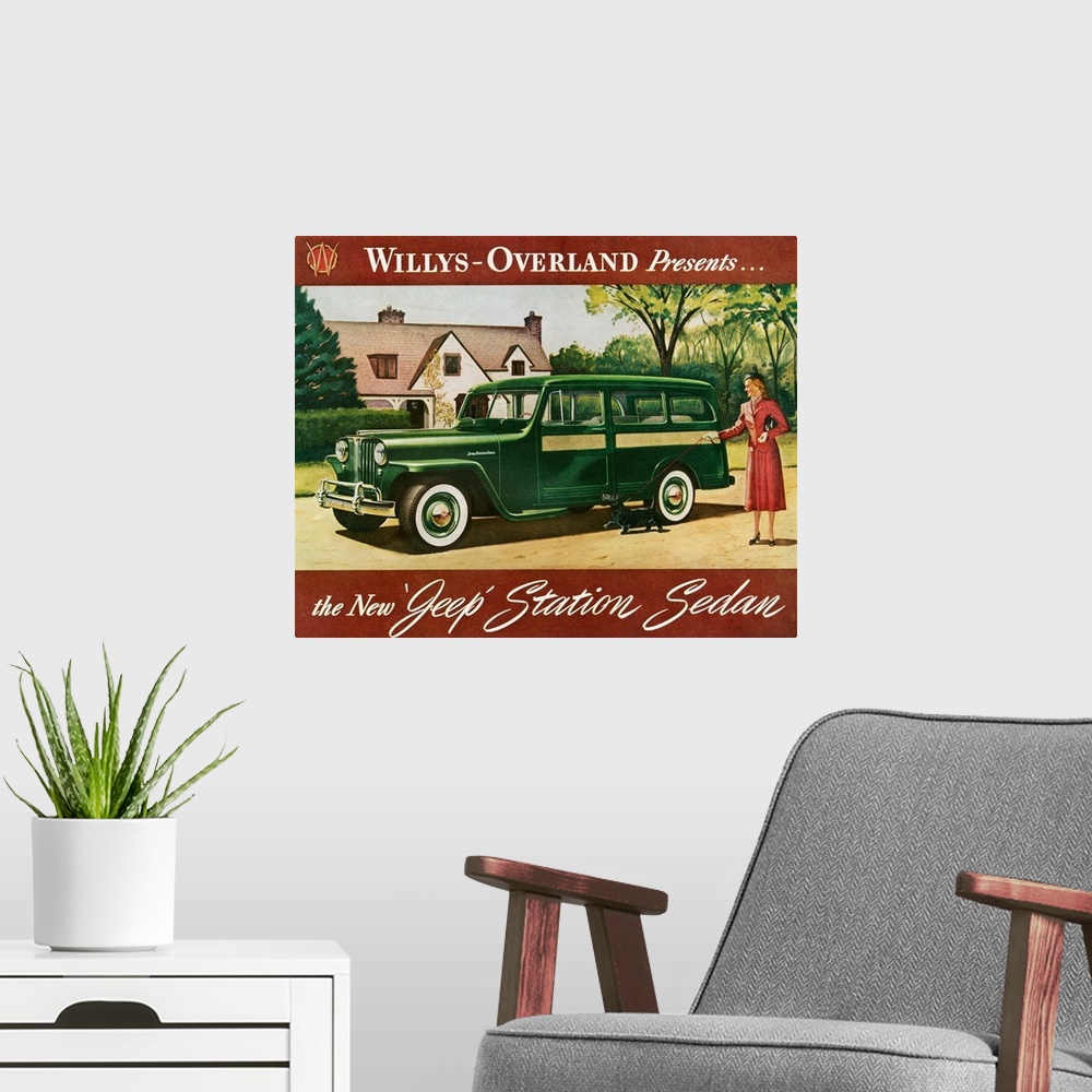 A modern room featuring 1940s USA Willys Magazine Advert (detail)