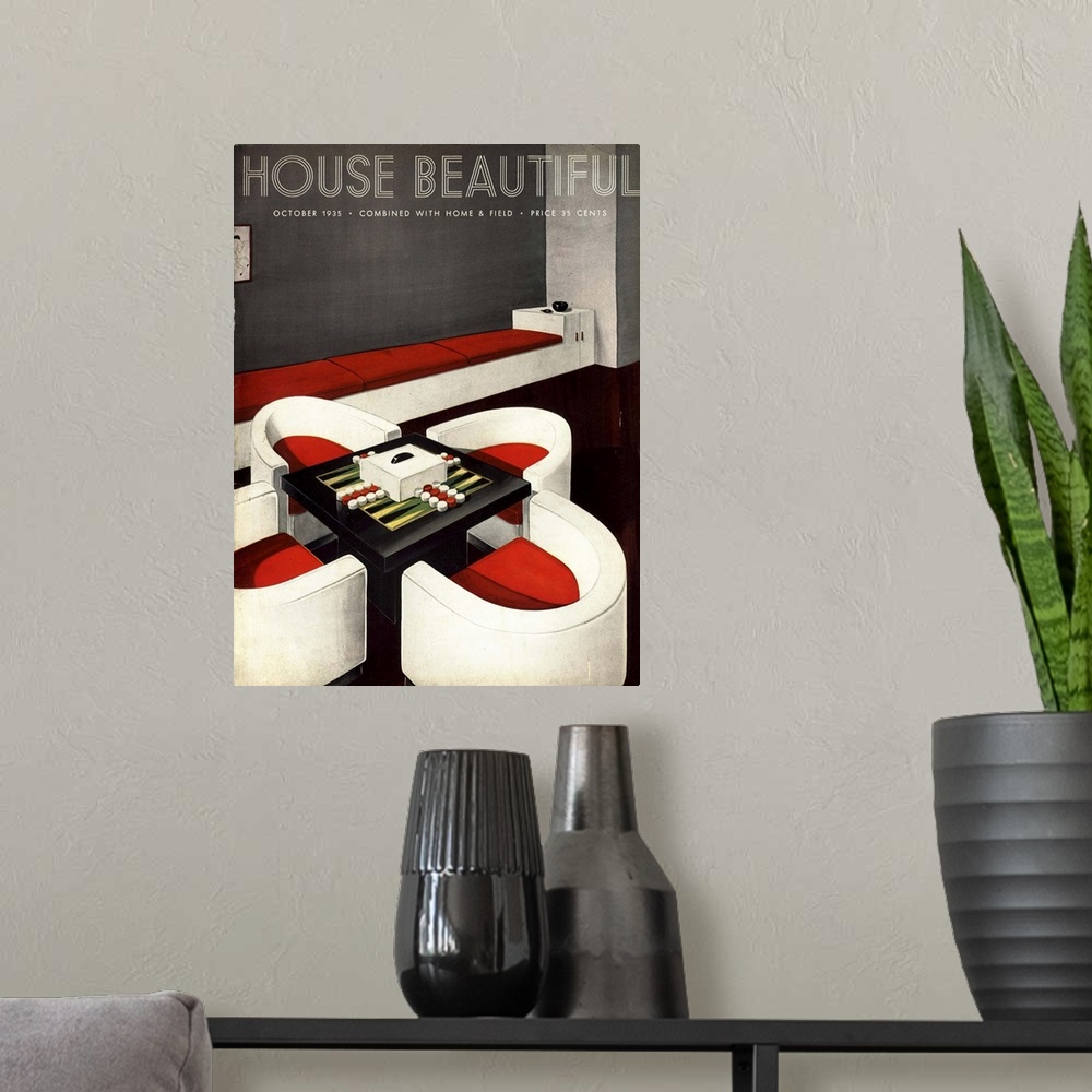 A modern room featuring House Beautiful.1930s.USA.furniture backgammon board games magazines interiors...