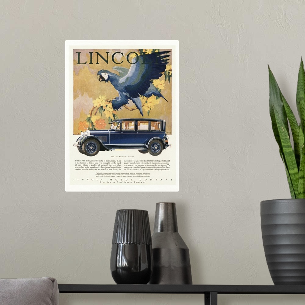 A modern room featuring Lincoln.1928.1920s.USA.cc cars parrots birds...