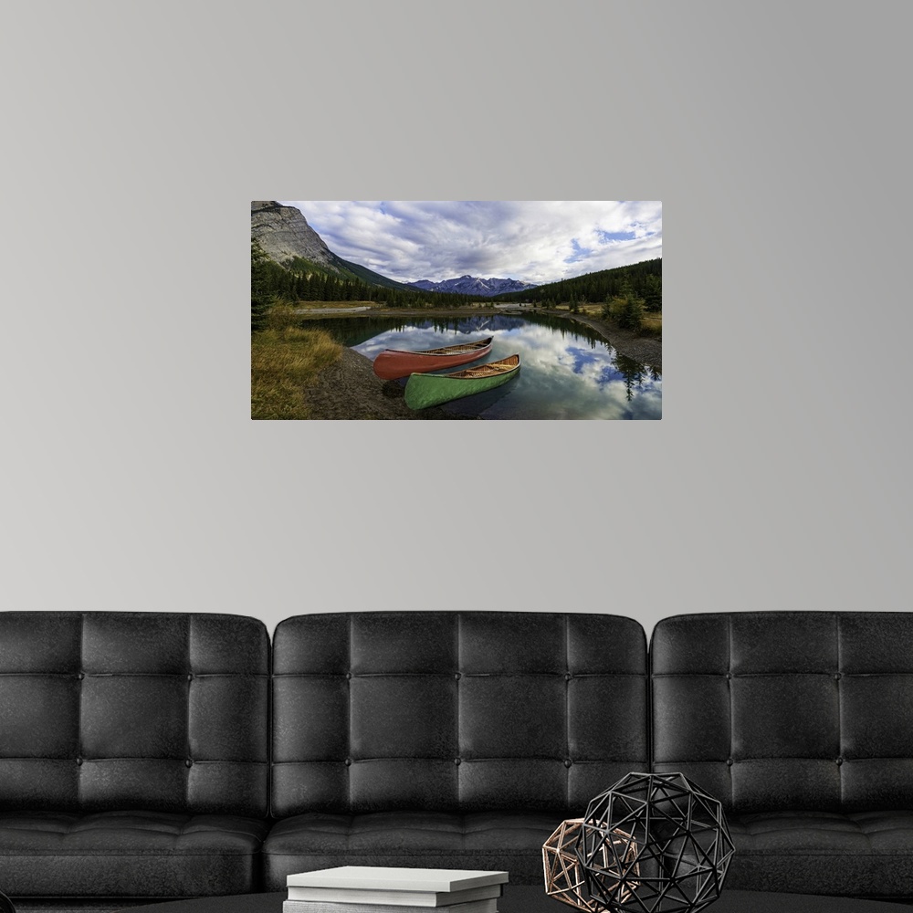 A modern room featuring Canoe reflection at Cascade Ponds, Banff, Canada