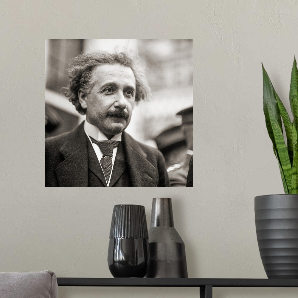 A modern room featuring Albert Einstein, 1879 - 1955.  German born theoretical physicist.  Amongst many accomplishments h...