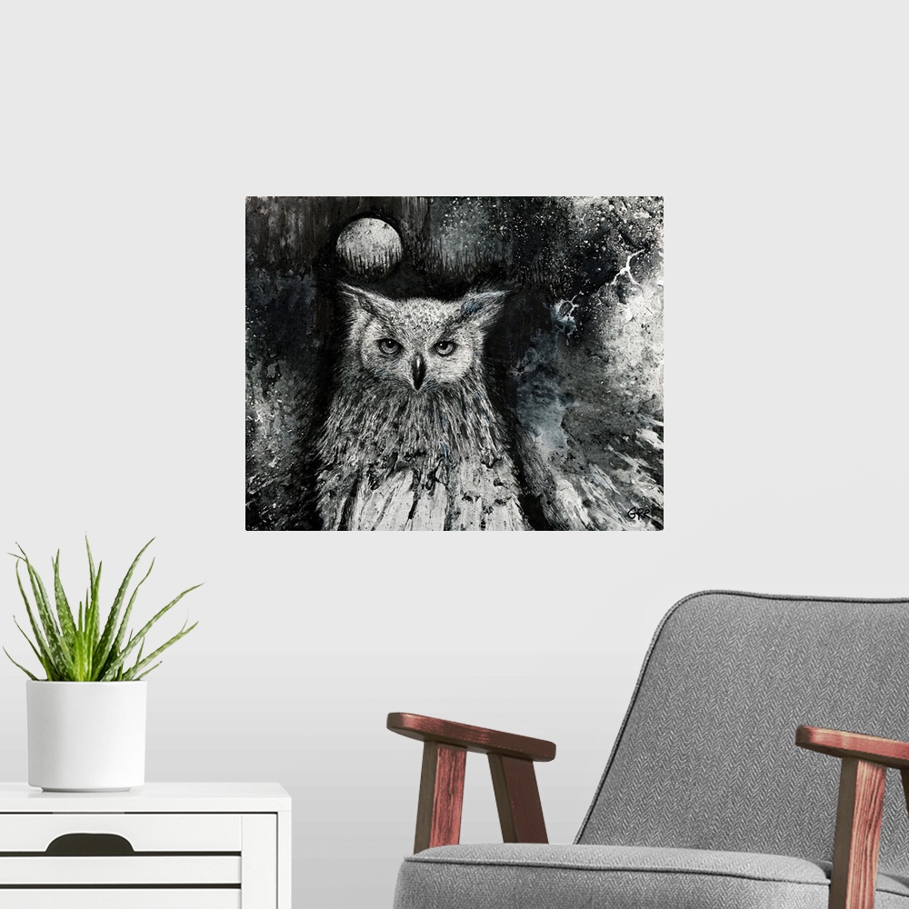 A modern room featuring Black And White Illustration Of An Owl And  Full Moon In The Night Sky.