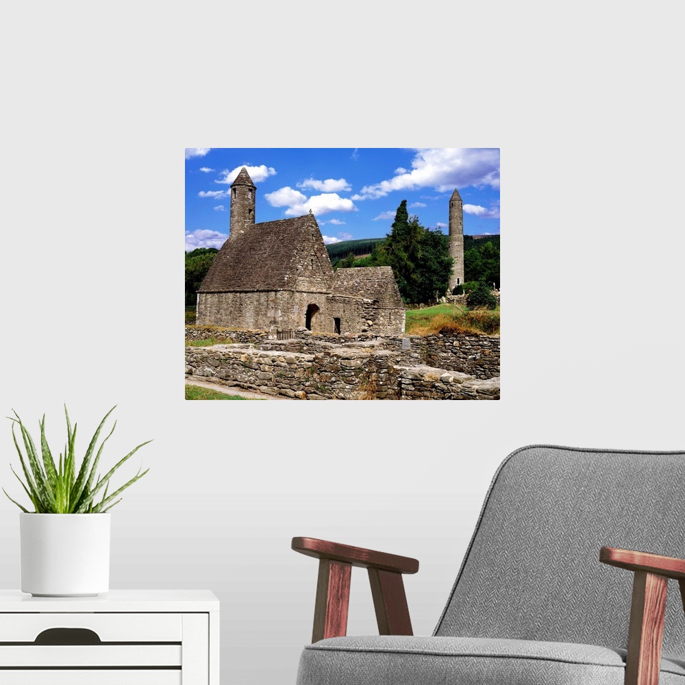 A modern room featuring Chapel Of Saint Kevin At Glendalough And Round Tower, Glendalough, Ireland