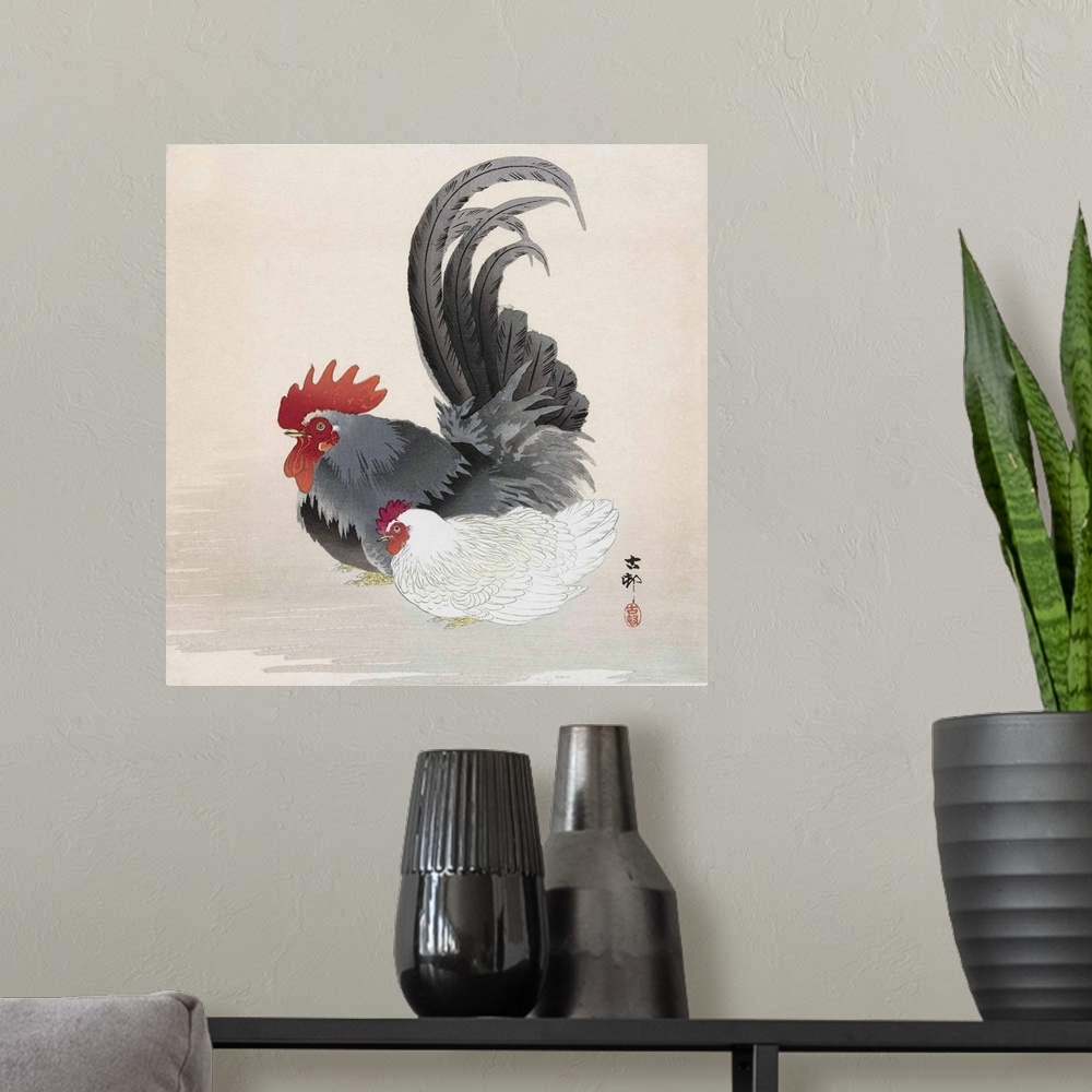 A modern room featuring Chicken and Rooster, by Japanese artist Ohara Koson, 1877 - 1945.  Ohara Koson was part of the sh...