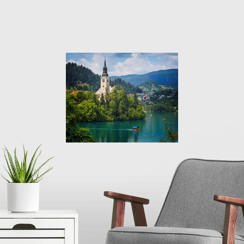 A modern room featuring Church of the Assumption on Bled Island. Bled, Upper Carniola, Slovenia.