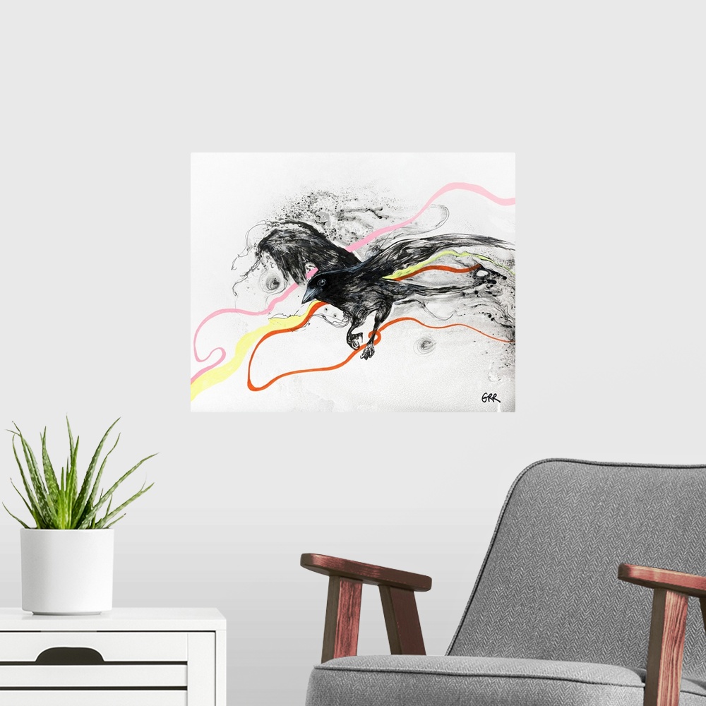 A modern room featuring Illustration Of A Black Bird In Flight With Streaks Of Colour Running Through On A White Background.