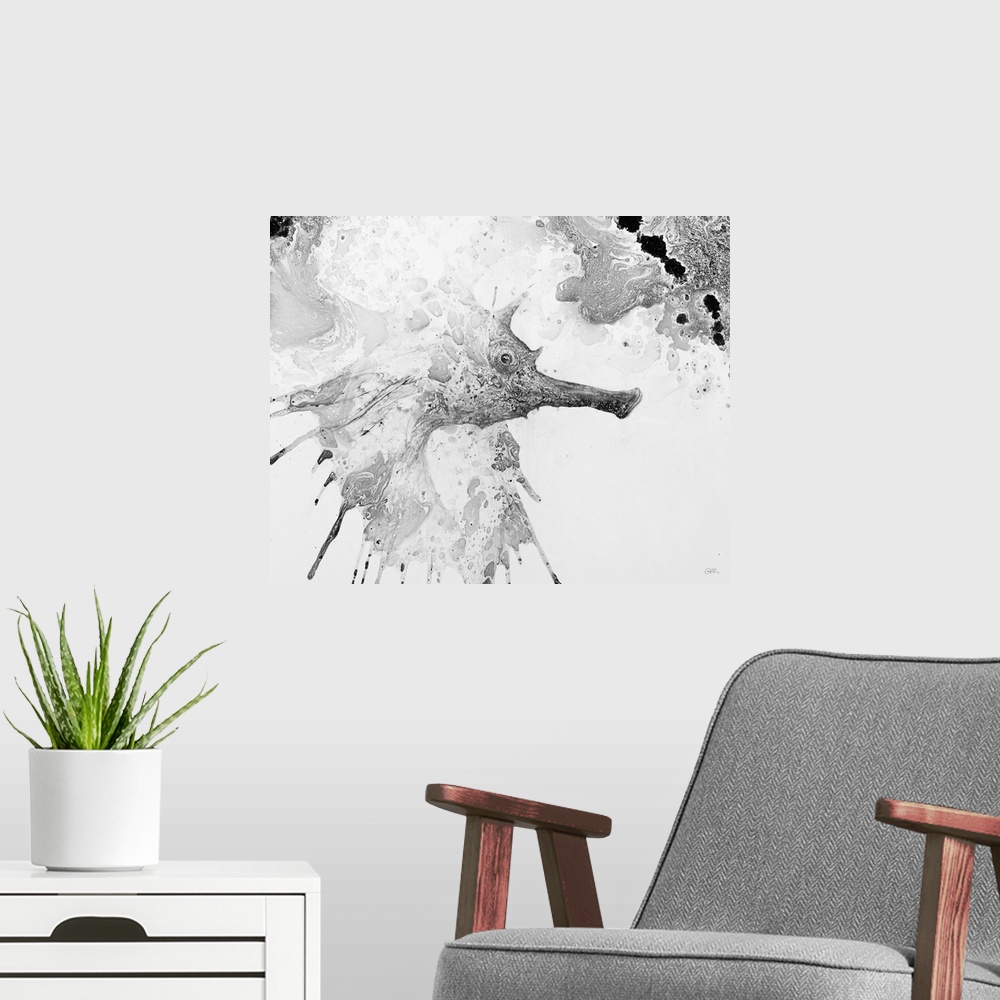 A modern room featuring Illustration of a seahorse surrounded by splashes and mottled abstract.