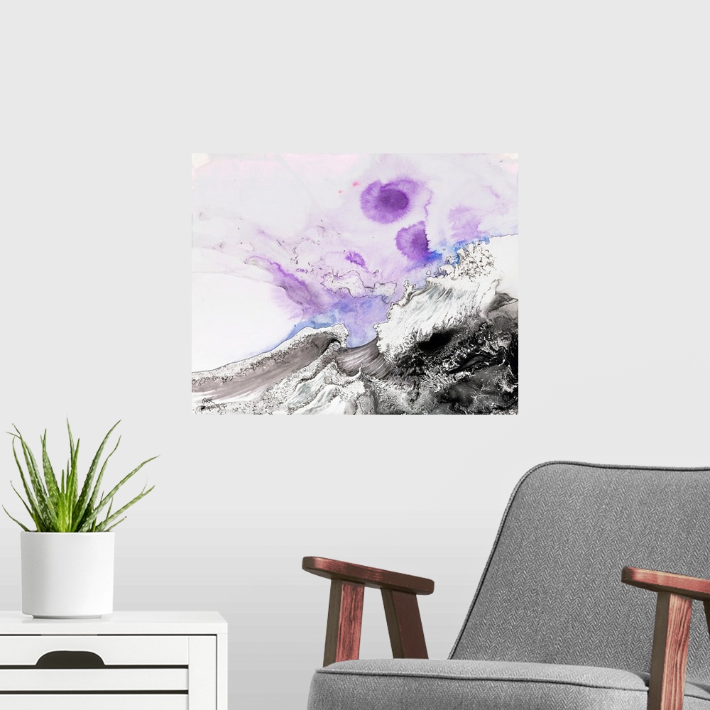 A modern room featuring Illustration of waves crashing and splashes of blue and purple above.