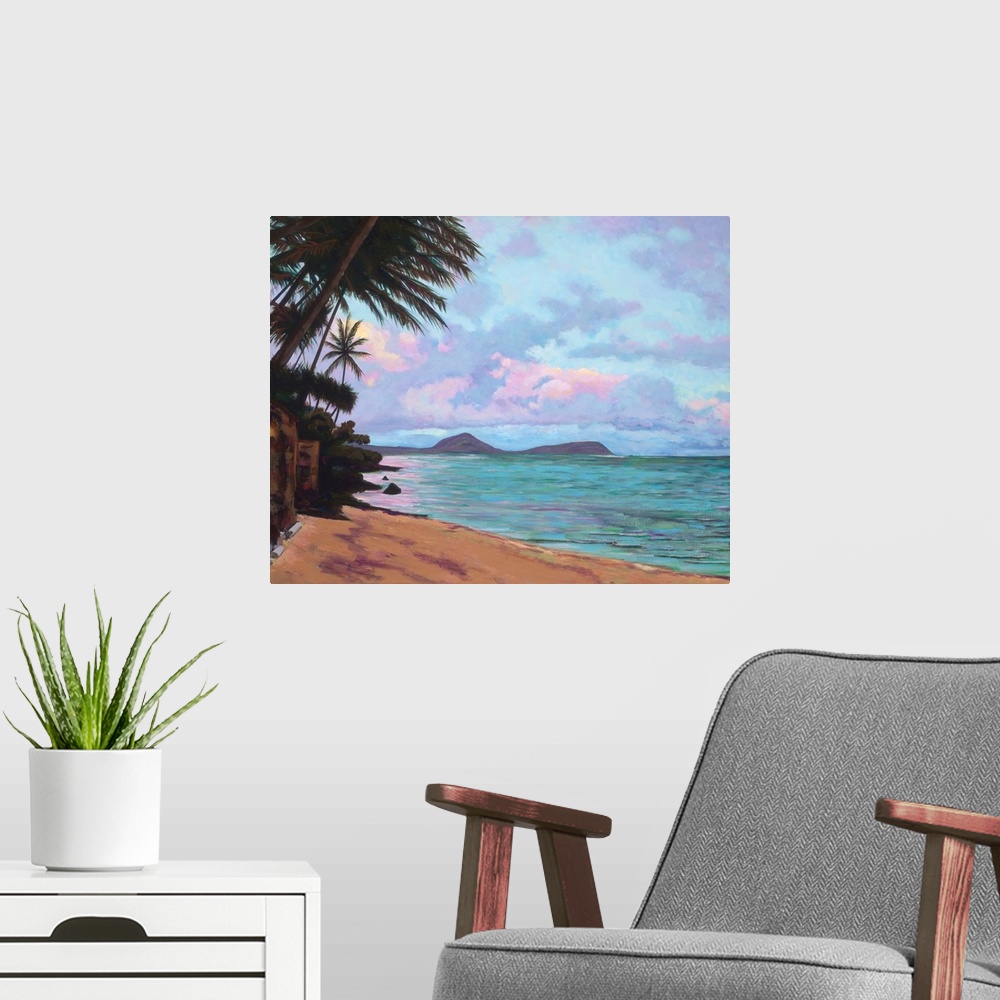 A modern room featuring Koko Palms, Hawaii, Oahu, View Of Koko Head From Quiet Beach (Acrylic Painting).