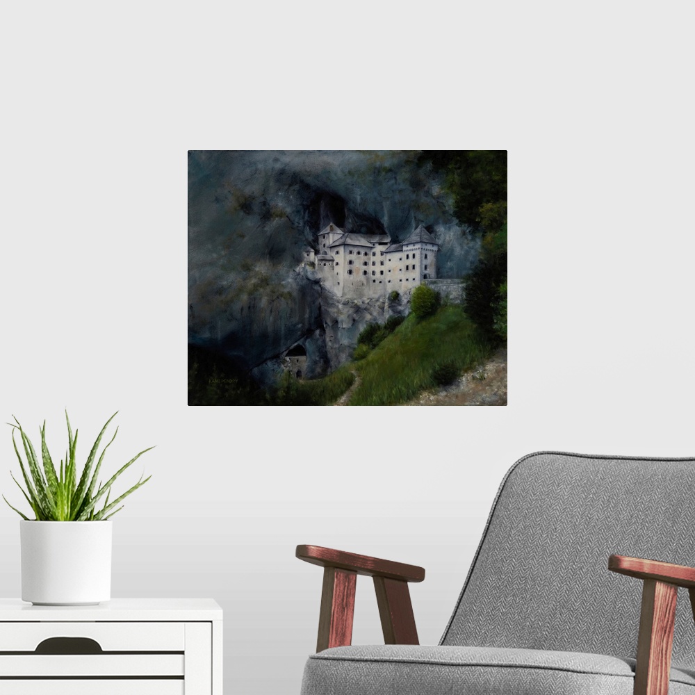 A modern room featuring Oil painting of Predjama castle, Slovenia.