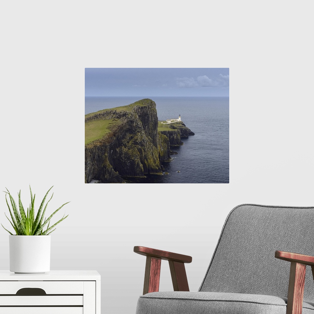 A modern room featuring Scottish coast with Neist Point Lighthouse on the Isle of Skye in Scotland, UK