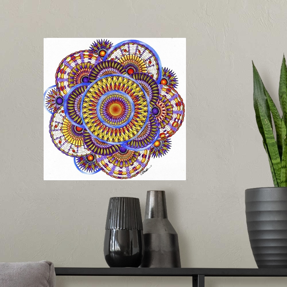 A modern room featuring A colorful square spiral graph in a floral shape in colors of yellow and blue.