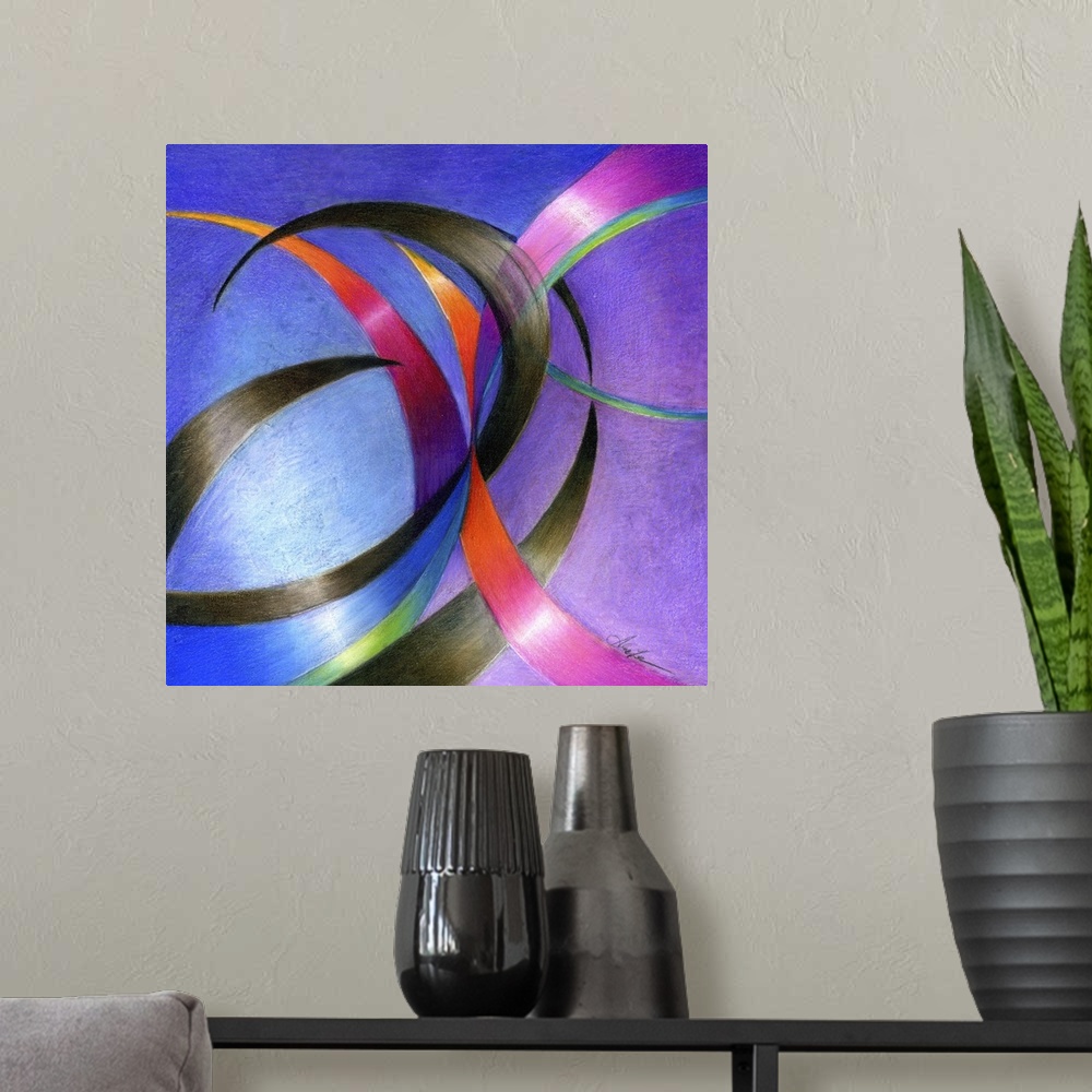 A modern room featuring Abstract painting of vibrant colored curved shapes.